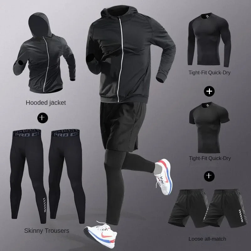 3-7Pcs Men's Ice Fiber Quick-Dry Running Fitness Full Set/Suit Tracksuit For Marathon