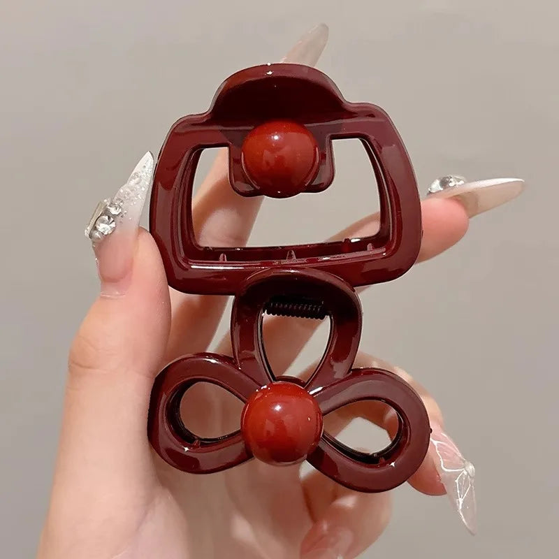 Vintage Blue Polka Dot Red Bow Hair Clip Shark Claw Clamp Hairpin