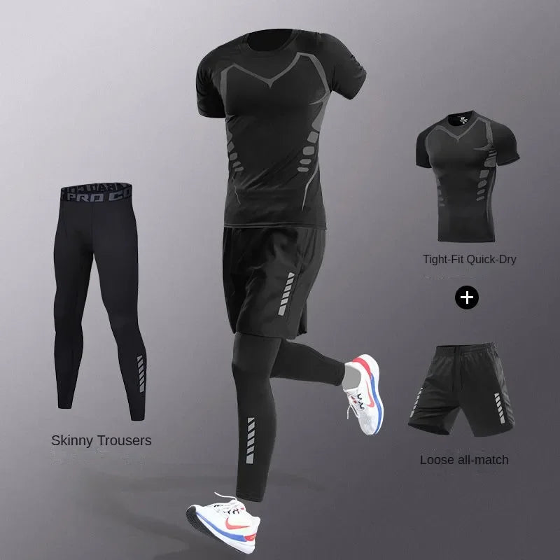 3-7Pcs Men's Ice Fiber Quick-Dry Running Fitness Full Set/Suit Tracksuit For Marathon