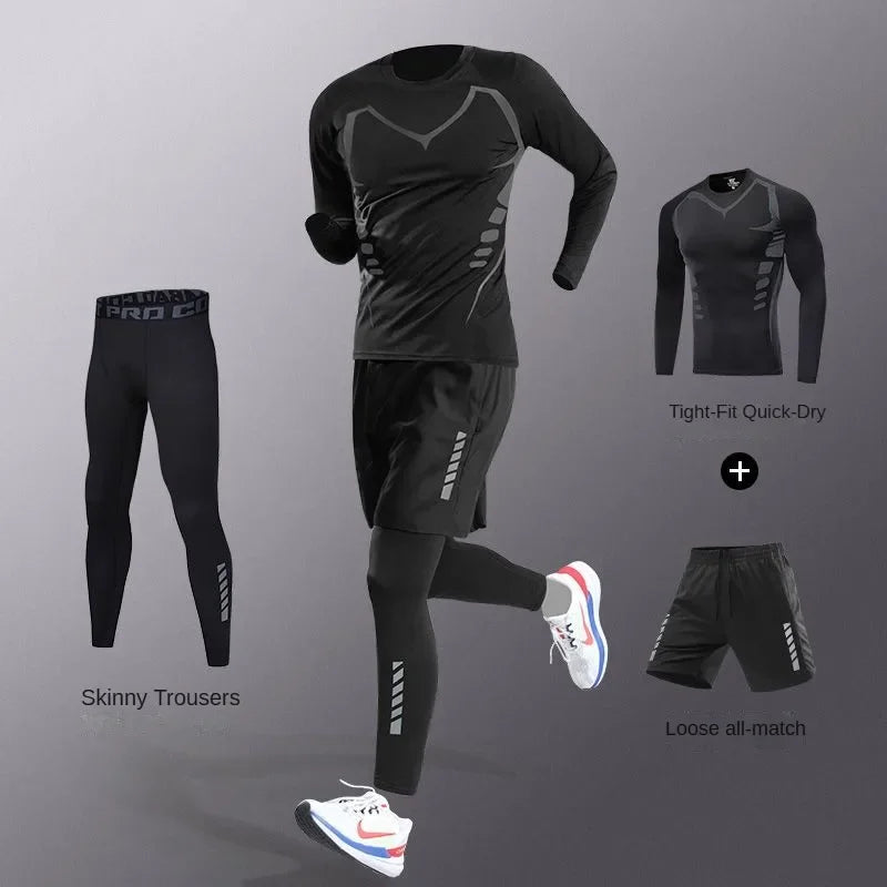 3-7Pcs Men's Ice Fiber Quick-Dry Running Fitness Full Set/Suit Tracksuit For Marathon