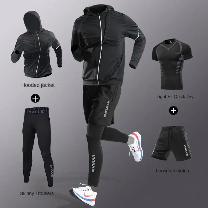 3-7Pcs Men's Ice Fiber Quick-Dry Running Fitness Full Set/Suit Tracksuit For Marathon