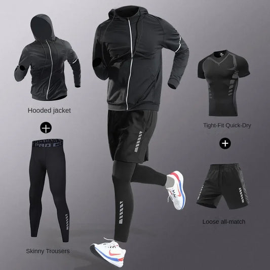 3-7Pcs Men's Ice Fiber Quick-Dry Running Fitness Full Set/Suit Tracksuit For Marathon