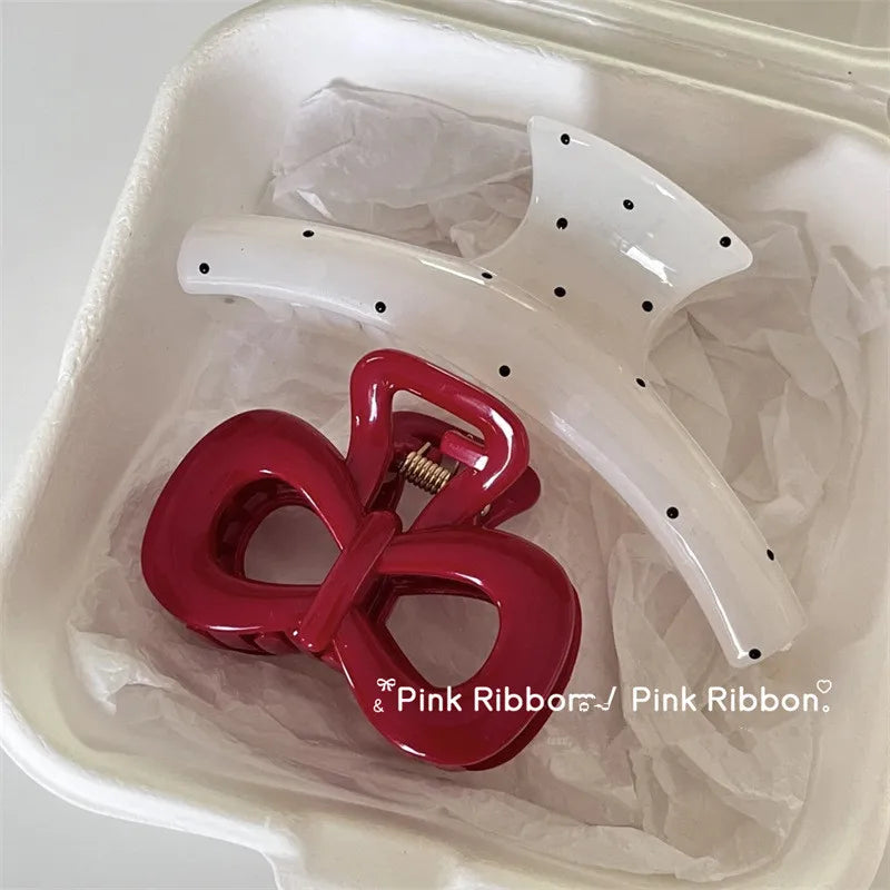 Vintage Blue Polka Dot Red Bow Hair Clip Shark Claw Clamp Hairpin