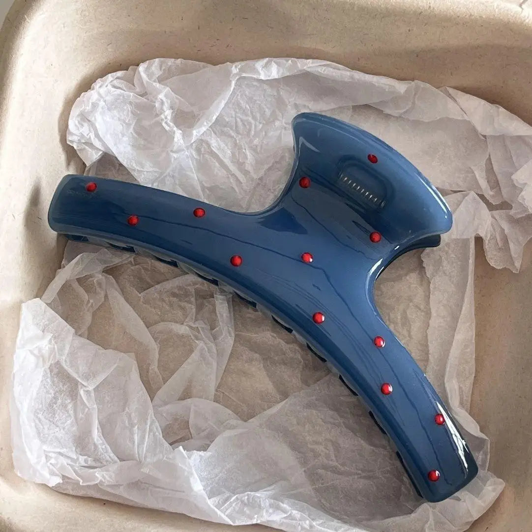 Vintage Blue Polka Dot Red Bow Hair Clip Shark Claw Clamp Hairpin