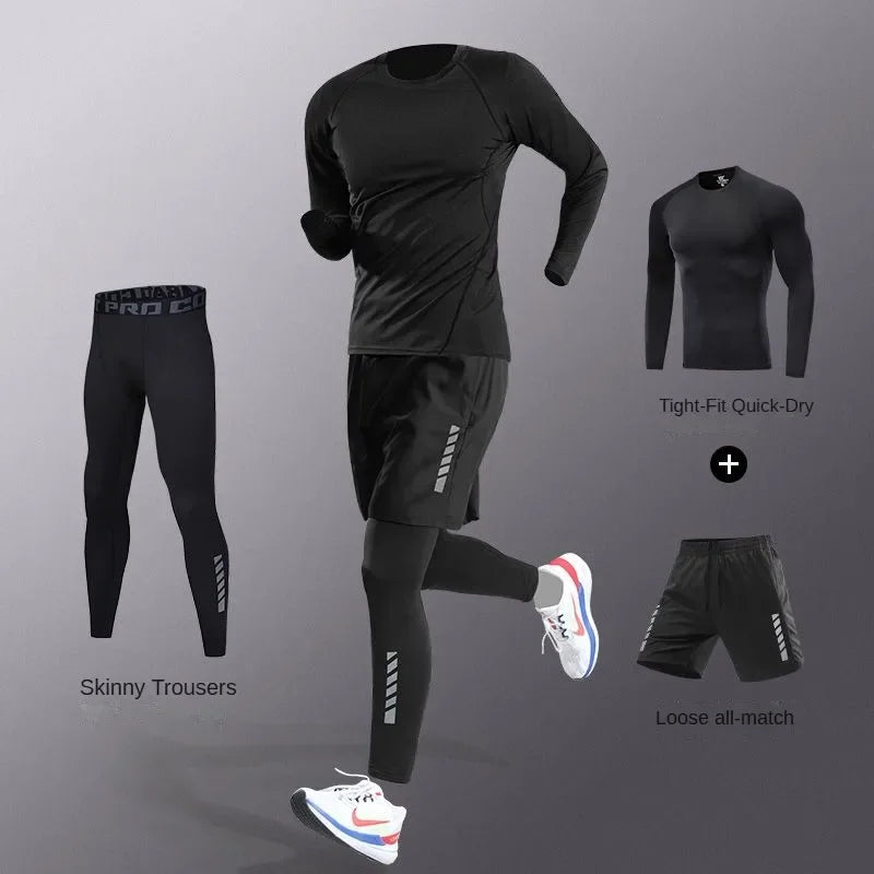 3-7Pcs Men's Ice Fiber Quick-Dry Running Fitness Full Set/Suit Tracksuit For Marathon