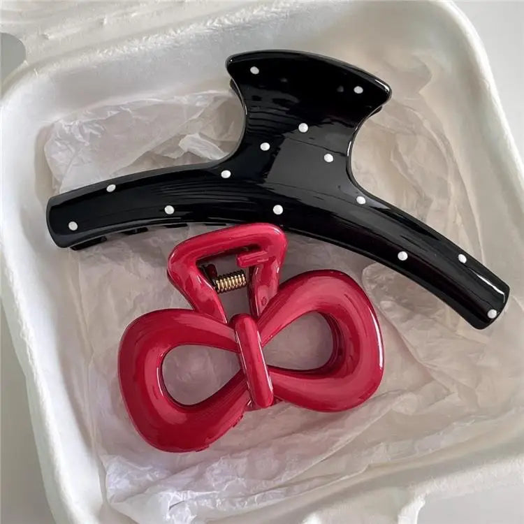 Vintage Blue Polka Dot Red Bow Hair Clip Shark Claw Clamp Hairpin