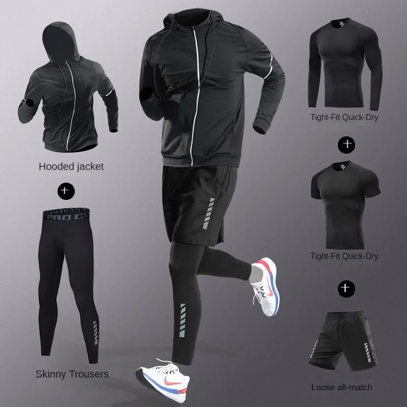 3-7Pcs Men's Ice Fiber Quick-Dry Running Fitness Full Set/Suit Tracksuit For Marathon