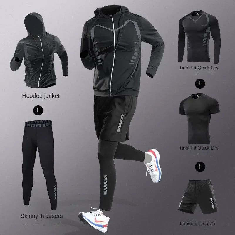 3-7Pcs Men's Ice Fiber Quick-Dry Running Fitness Full Set/Suit Tracksuit For Marathon