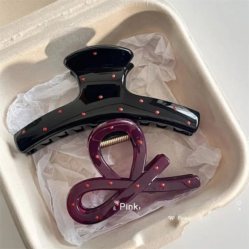 Vintage Blue Polka Dot Red Bow Hair Clip Shark Claw Clamp Hairpin