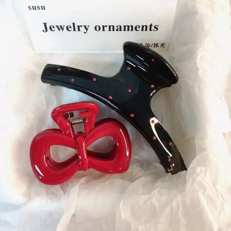 Vintage Blue Polka Dot Red Bow Hair Clip Shark Claw Clamp Hairpin
