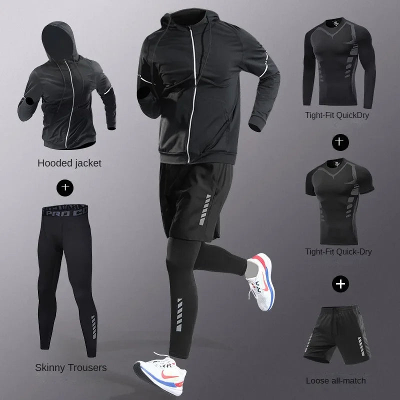 3-7Pcs Men's Ice Fiber Quick-Dry Running Fitness Full Set/Suit Tracksuit For Marathon