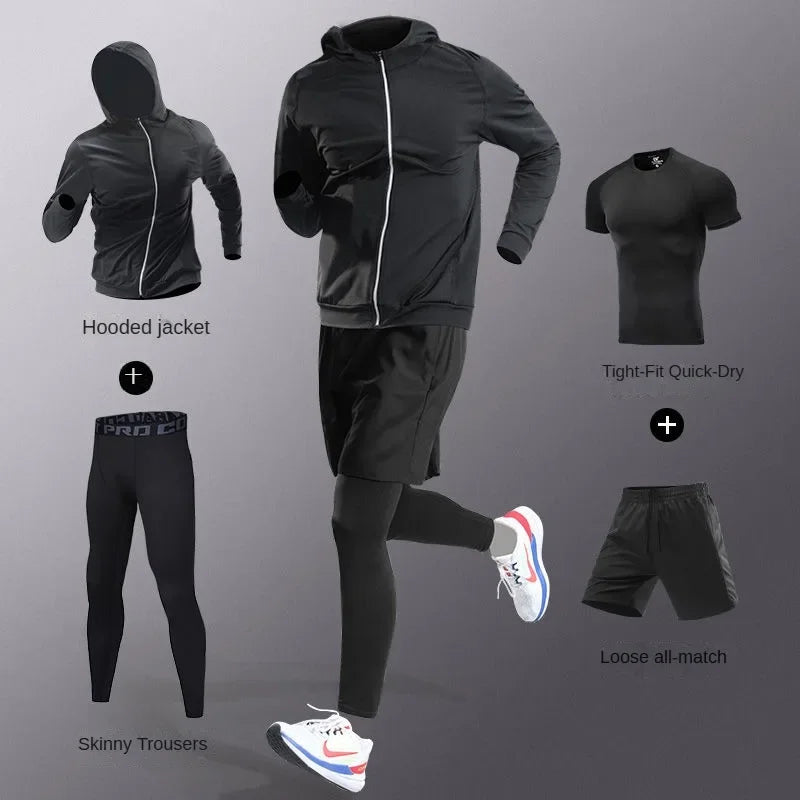 3-7Pcs Men's Ice Fiber Quick-Dry Running Fitness Full Set/Suit Tracksuit For Marathon